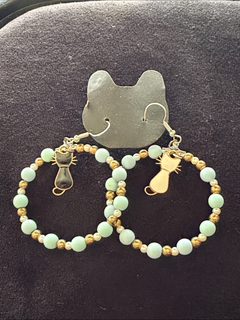 Handmade Small Beads Hoop Earrings With Dangling Cat Charms